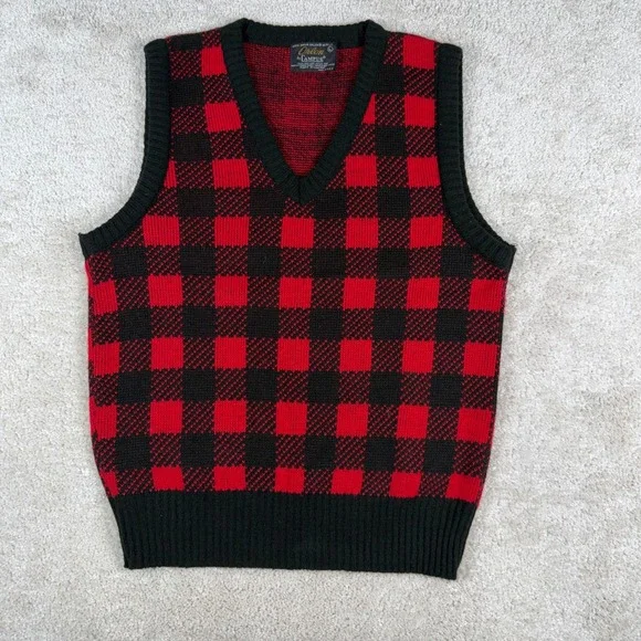 Vintage Campus Orlon Acrylic Sweater Vest Red Black Buffalo Plaid Mens Large USA - Picture 1 of 5